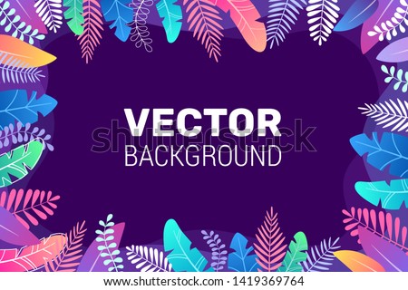 Horizontal vector frame in trendy stylish flat style on dark blue background and bright gradient colors - background with space for text. Space plants, leaves. For banner, greeting card, poster