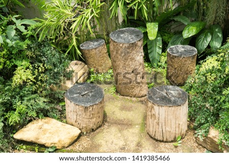 Timber table and chairs in garden background. Log wood coffee table with chairs in the garden