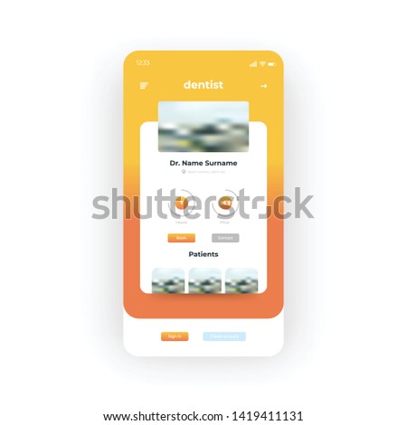 Orange and yellow gradient background. Dentist Profile UI, UX, GUI screen for mobile apps design. Modern responsive user interface design of mobile applications including Dentist Profile screen