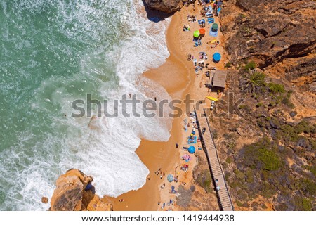 Aerial top shot from Praia Do Camillo in Lagos Portugal