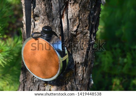 A round metal water flask with a brown suede insert hangs on the tree trunk. Closeup, negative field. Blurred background.