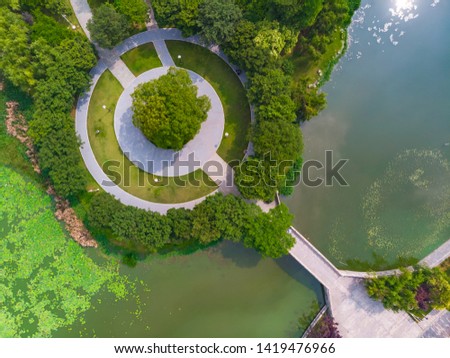 Aerial View above Moon Lake Park in spring, Wuhan, Hubei, China