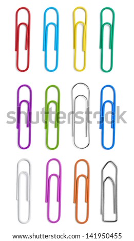 collection of various paper clips on white background. each one is shot separately