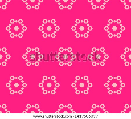 Raster pink snowflakes seamless pattern. Abstract minimalist geometric seamless texture with hexagons. Cute girlish design. Minimal repeat background for prints, decoration, textile, cloth, gift paper
