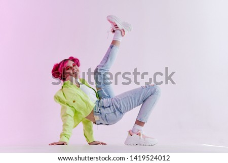 a woman from the nineties style raised her foot on the floor