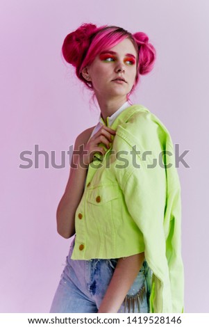 woman with pink hair eighties style studio