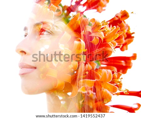 Double exposure portrait combining beautiful flowers with an exotic woman's face