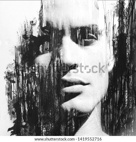 Paintography. Double exposure portrait of a young man and dark paintings accentuating his shadows