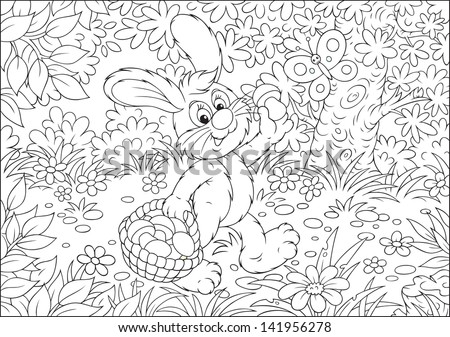 Rabbit walking through a forest and carrying his basket with mushrooms