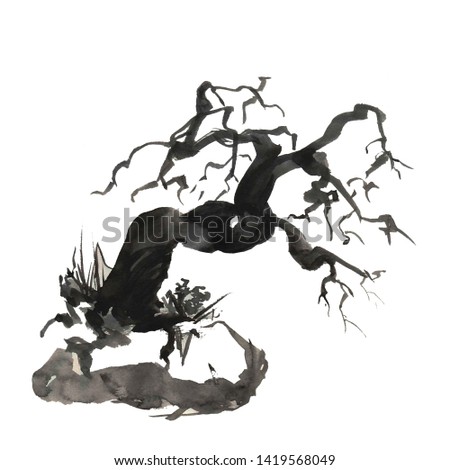 Dark tree. Ink drawing illustration 
