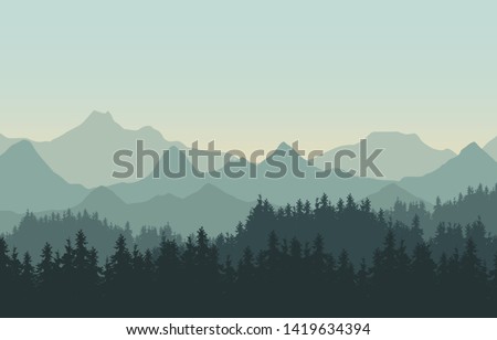 Realistic illustration of mountain landscape with hills and coniferous forest under green sky. Suitable as a holiday or travel advertisement - vector