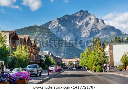 Scenic street view of the Banff Avenue in Alberta, Canada Royalty-Free Stock Photo #1419721787
