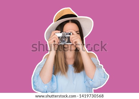 Close up photo of woman in hat on purple background taking a photo with retro camera. Cartoon social network stickers.