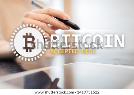 Bitcoin accepted here text and logo on virtual screen. Online payment and cryptocurrency concept.