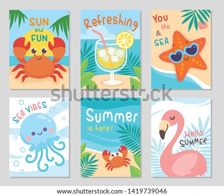 Life with summer! At the beach, sea sand sun, tropical green leaves. Meet crab, starfish, jellyfish and flamingo.Set of rectangle gift tag, card, postcard. Vector illustration.
