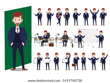 Set of cartoon characters of a businessman in smart suit on white background in various poses vector