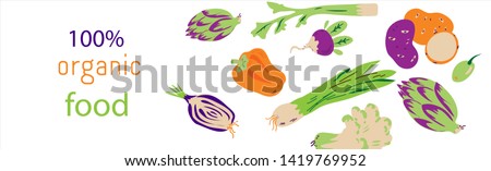 Template of  organic vegetarian food flyer or label with icons of vegetables the flat vector illustration on white background. Concept for ecological vegan and farmers fairs and stores.