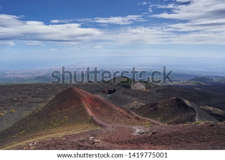 Landscpe Picture from Mount Etna, biggest european active volcano in italian island Sicily, to the valley with Catania city in background, show geological interesting colour of volcanic minerals.