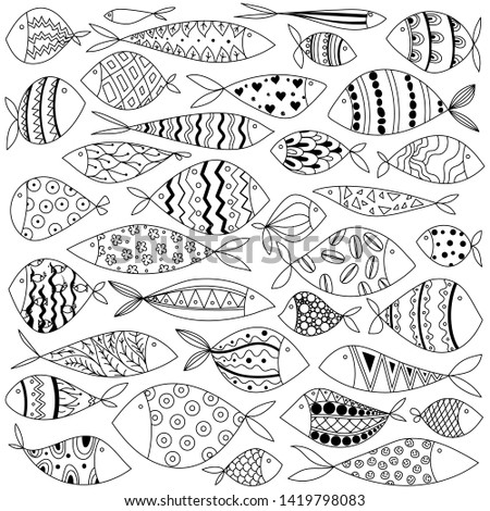 Set cute abstract fish on white background.Pattern of fish. Collection of fish. Line art. Hand-drawn. Vector Illustration.