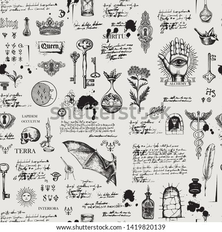 Vector seamless background on the theme of alchemy, magic, witchcraft and mysticism with various esoteric and occult symbols, sketches, blots. The Latin words Spirit, Land, Secret, Interior, Stone Royalty-Free Stock Photo #1419820139
