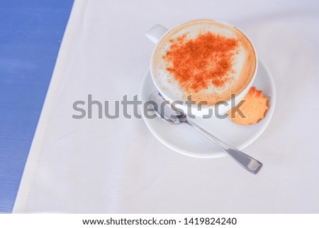 Brown colour of ground cinnamon on frosty whipping cream of Cappuccino cup in white ceramic mug on white blue table background.Cup Of Cappuccino With Fresh Whipped Cream.Copy space