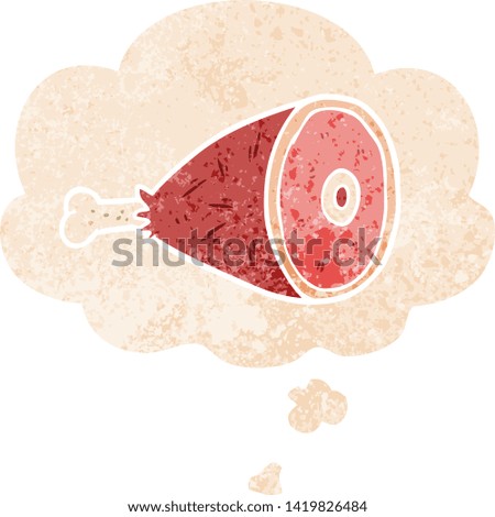 cartoon cooked meat with thought bubble in grunge distressed retro textured style