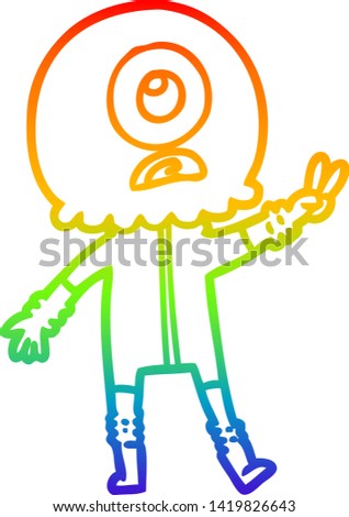 rainbow gradient line drawing of a cartoon cyclops alien spaceman giving peace sign