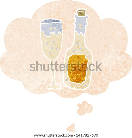 cartoon champagne bottle and glass with thought bubble in grunge distressed retro textured style
