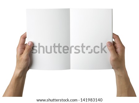 overhead view of hands holding a blank book ready with copy space ready for text, isolated on white, with clipping path Royalty-Free Stock Photo #141983140