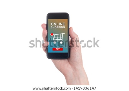 Human hand holding mobile phone with shopping basket and pay button on the screen. Mobile payment concept. Online and mobile shopping