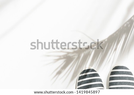 Summer fashion tropical concept. Women's female beachwear canvas striped shoes on white background with palm leaves silhouette shadows.. Vacation relaxation luxury. Creative elegant style flat lay