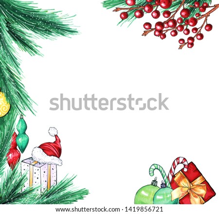 Christmas or New Year backdrop with gift box and santas red hat gift. Raster illustration. Freehand drawing, isolated decor for winter holidays. Pine tree branches border