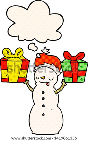 cartoon snowman with present with thought bubble in comic book style