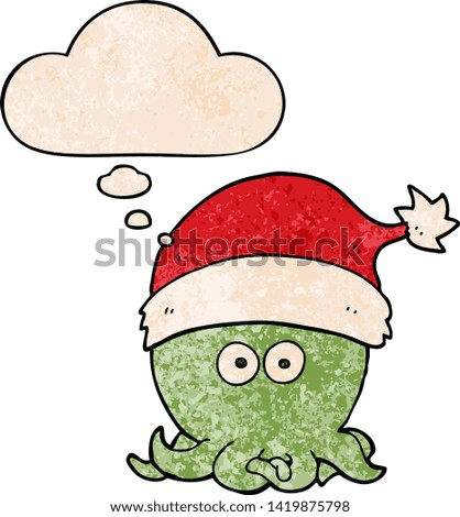 cartoon octopus wearing christmas hat with thought bubble in grunge texture style
