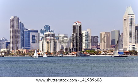 San Diego skyline and sailboats on the waterfront California.