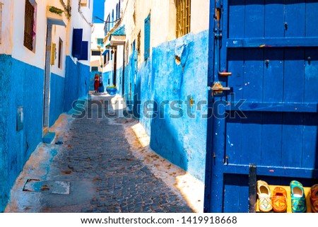 Blue and White Street in the Kasbah des Oudaias in Rabat Morocco, Africa