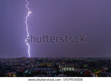 Realistic lightning in city background for design element. Electricity. Natural light effect, bright glowing.