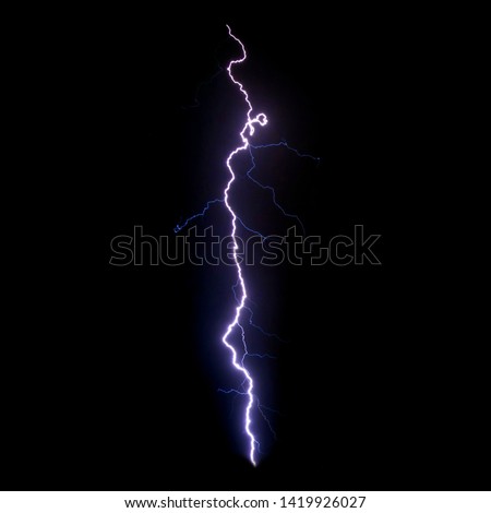 Realistic lightning isolated on black background for design element. Electricity. Natural light effect, bright glowing. Royalty-Free Stock Photo #1419926027