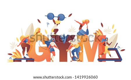 Concept illustration with large word gym and girls doing sport training, leaves and greenery isolated on white background. Creative lettering with contemporary characters Royalty-Free Stock Photo #1419926060