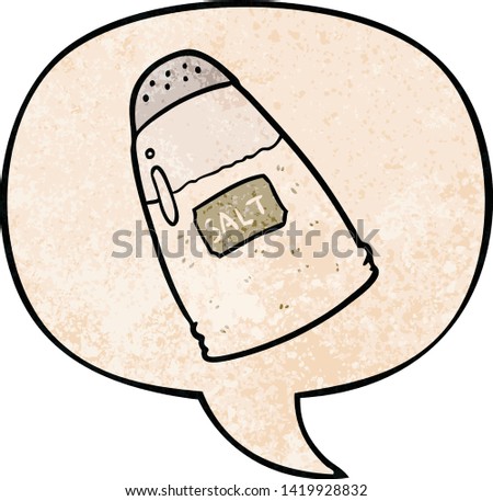cartoon salt shaker with speech bubble in retro texture style