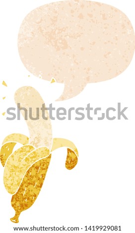 cartoon banana with speech bubble in grunge distressed retro textured style