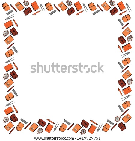 Square frame for September 1 from pencils, pens, compasses, alarm clocks, notebooks, textbooks, backpacks and backpacks on a white background. Vector.