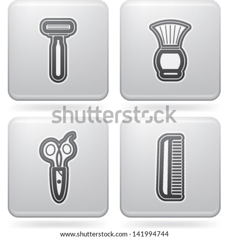 Bathroom Utensils and other related everyday things, from left to right:  Razor, Shaving brush, Scissors, Comb.
