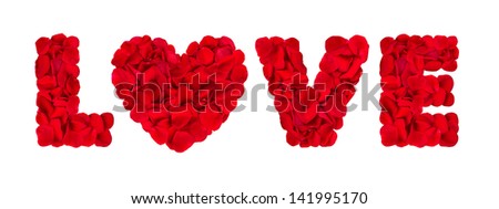 Red rose petals' word 'LOVE' with heart on white background