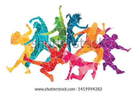 
Detailed vector illustration silhouettes of expressive dance colorful group of  people dancing. Jazz funk, hip-hop, house dance. Dancer man jumping on white background. Happy celebration 
