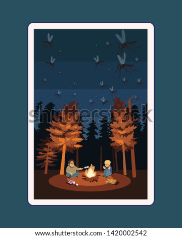 Dad and son are camping in cedar forests campfire. card concept. hand drawn style vector design illustrations. 