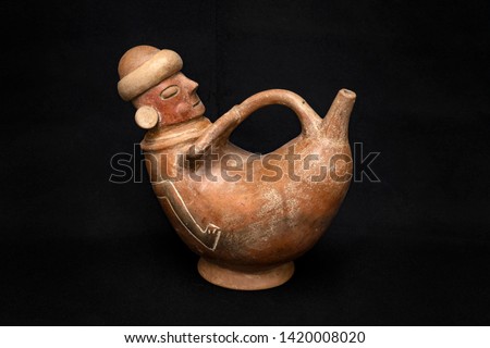 Pre-columbian animal-shaped ceramic called "Huaco" from unidentified ancient Peruvian culture. Pre inca handcrafted pottery piece made by ancient civilization. Royalty-Free Stock Photo #1420008020