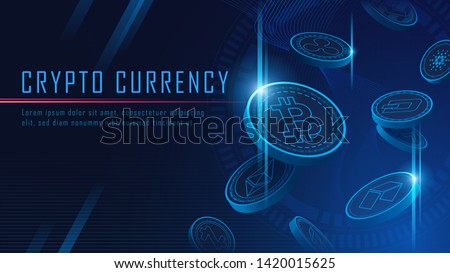 ten famous cryptocurrency coins 3D flying artwork with texts , Vector  Royalty-Free Stock Photo #1420015625