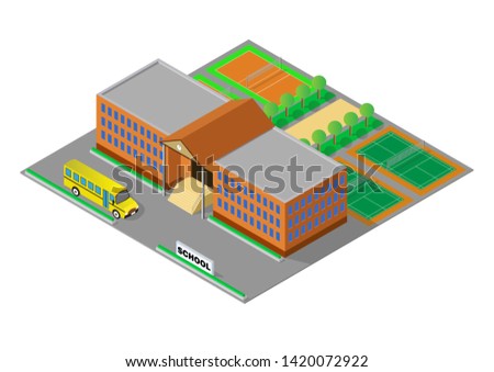 Vector isometric school or university building with sport field