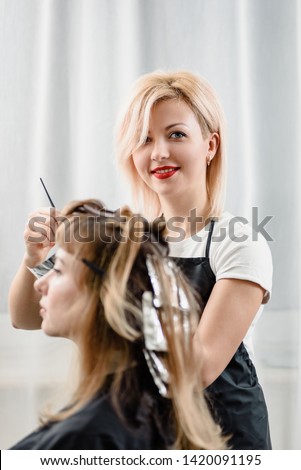 Attractive hairdresser dyeing hair of female client while she sitting in chair Royalty-Free Stock Photo #1420091195